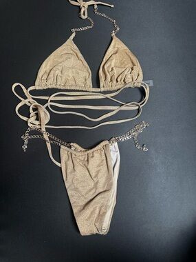 Beach Bunny Brooklyn Pink Bikini Set Top XL Bottom XS Chain Detail Luxury Swim